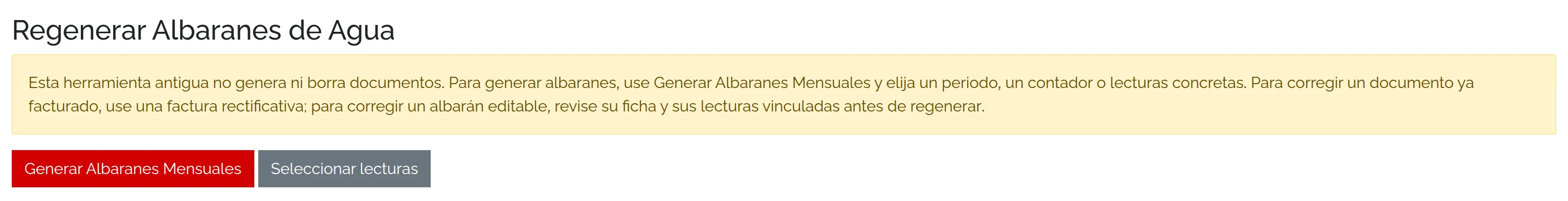 Regenerar Albaranes de Agua: aviso informativo y accesos actuales