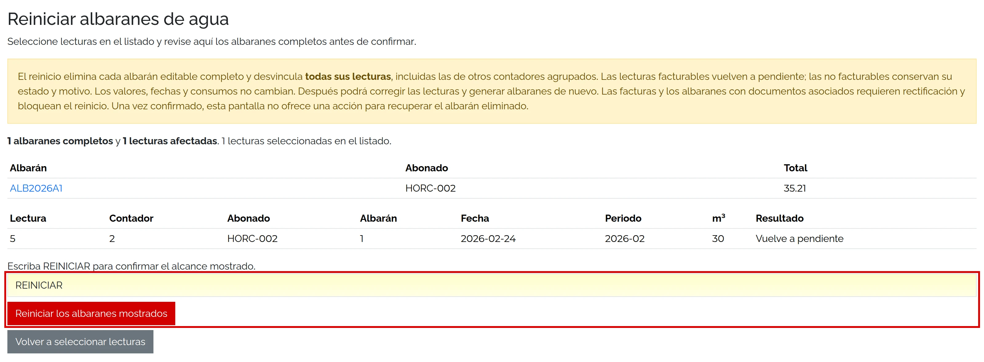 Vista previa de Reiniciar albaranes de agua con REINICIAR escrito