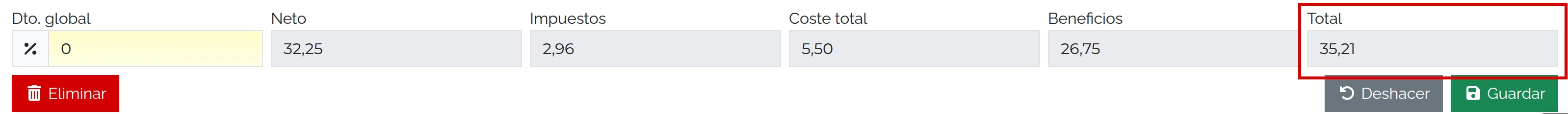 Totales comprobados: neto 32,25 €, IVA 2,96 € y total 35,21 €