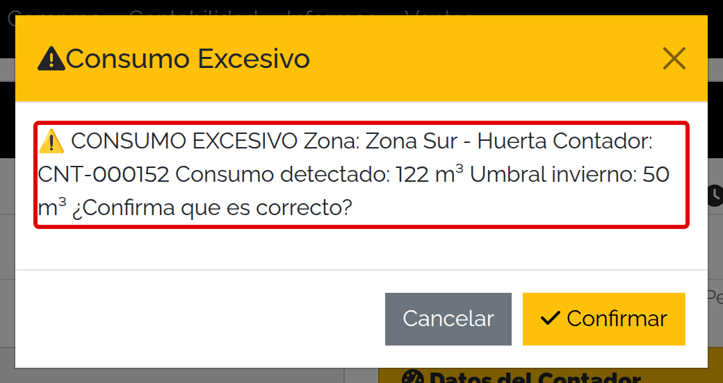 Confirmación de consumo excesivo