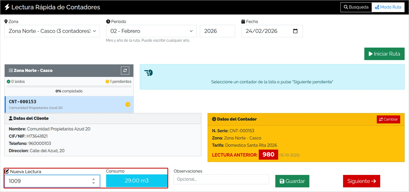 Valor 1009 y consumo 29 m³