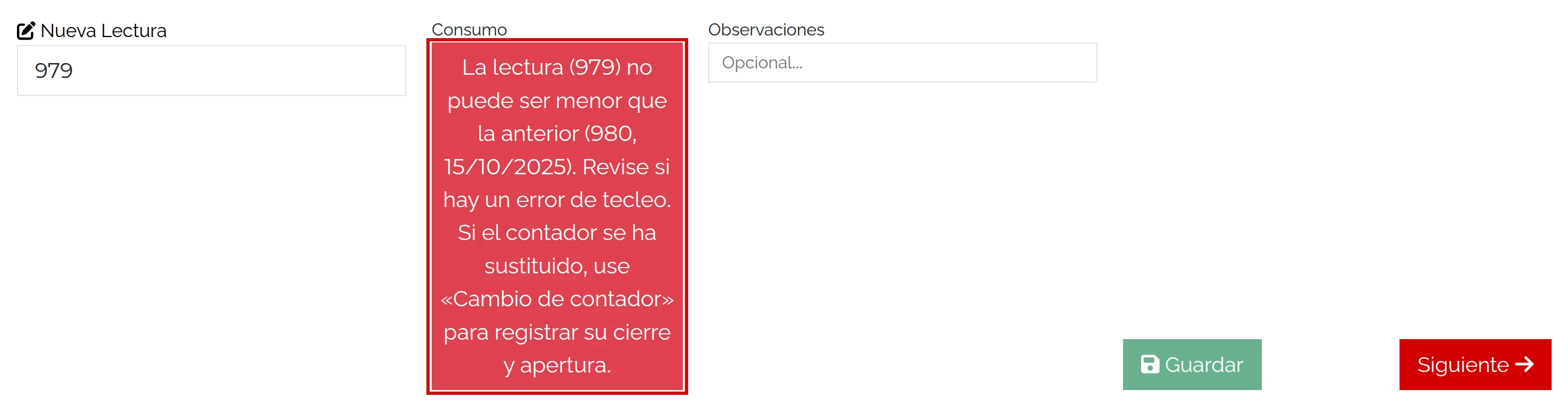 Lectura inferior rechazada en Lectura Rápida