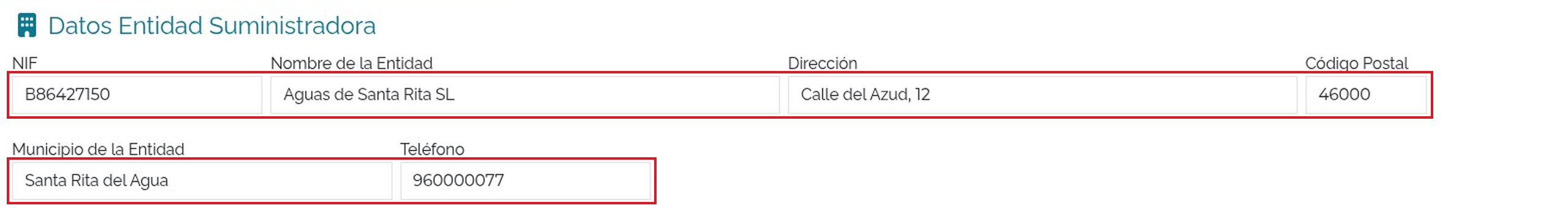 Datos completos de la entidad suministradora