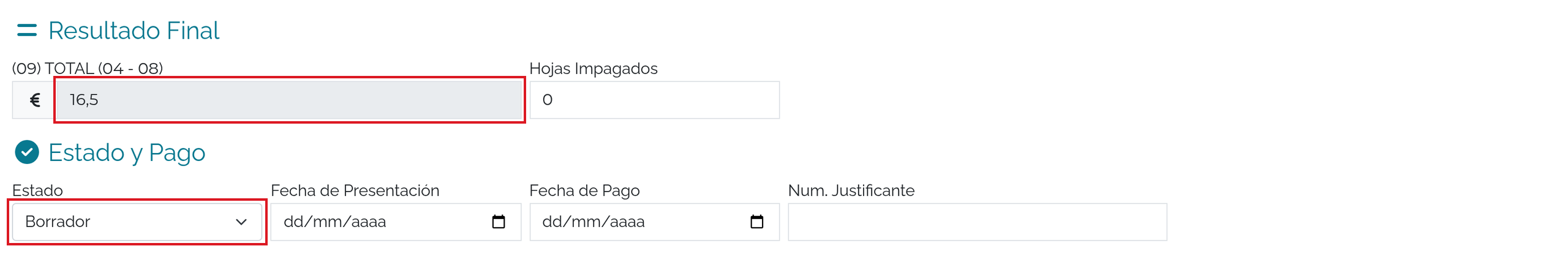 Resultado de 16,50 € y estado Borrador