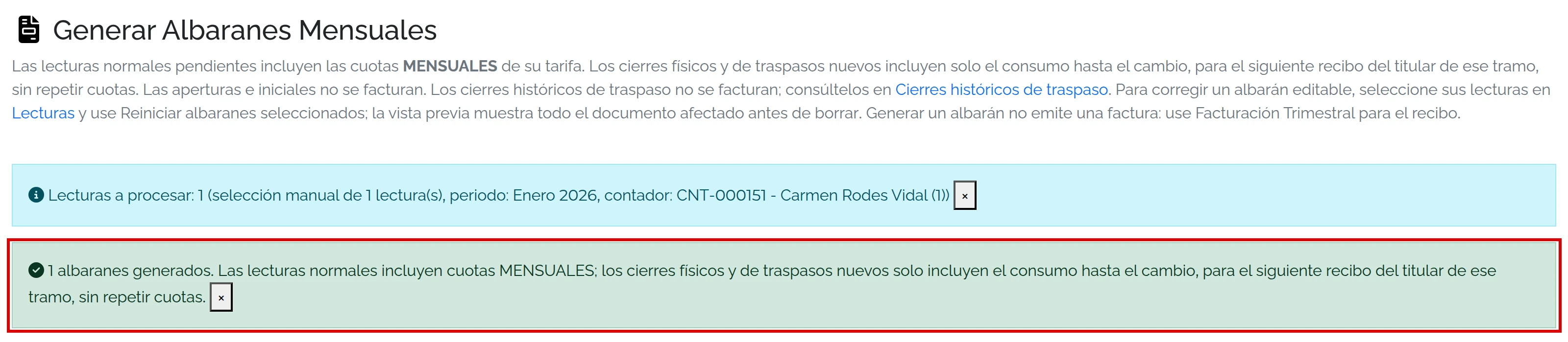 Albarán mensual generado