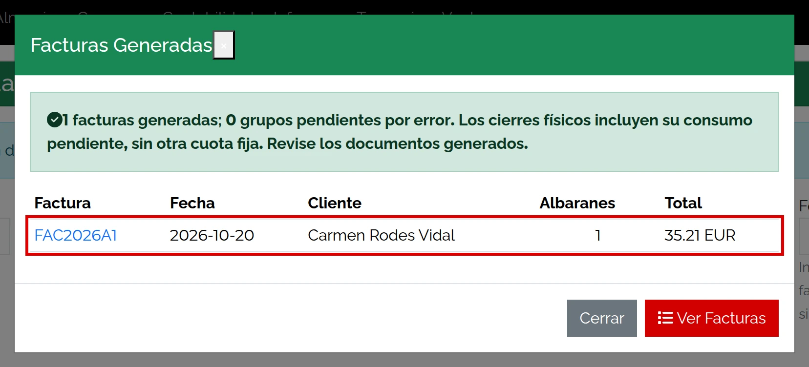 Resultado de la generación de la factura