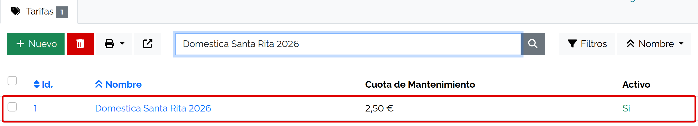 Listado de tarifas