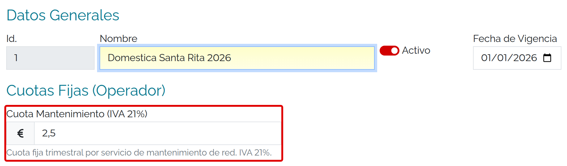 Cabecera con cuota mensual