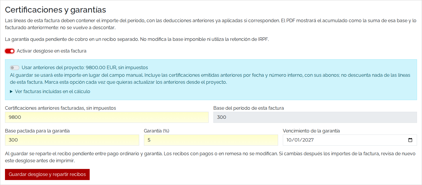 Desglose de certificación con 9.800 euros anteriores y la opción Usar anteriores del proyecto desmarcada tras guardar