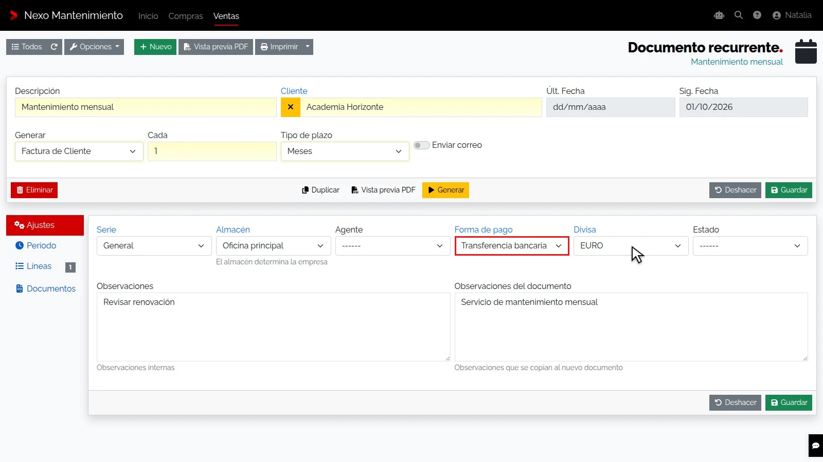 Configurar numeración, empresa y pago