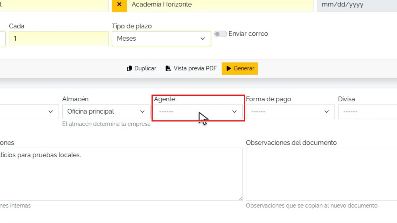 Configurar numeración, empresa y pago: zona relevante ampliada y resaltada en rojo