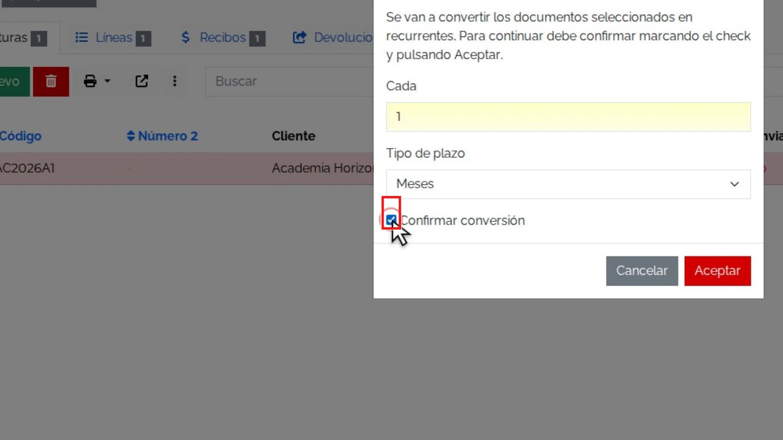 Configurar la frecuencia: zona relevante ampliada y resaltada en rojo