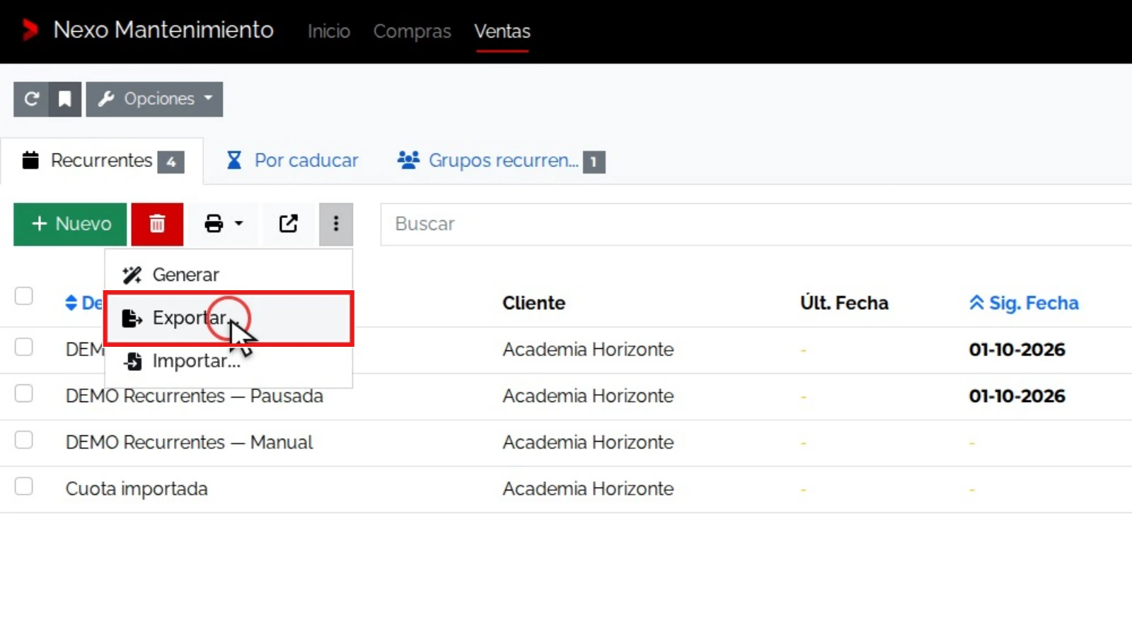 Exportar y conservar la información: zona relevante ampliada y resaltada en rojo