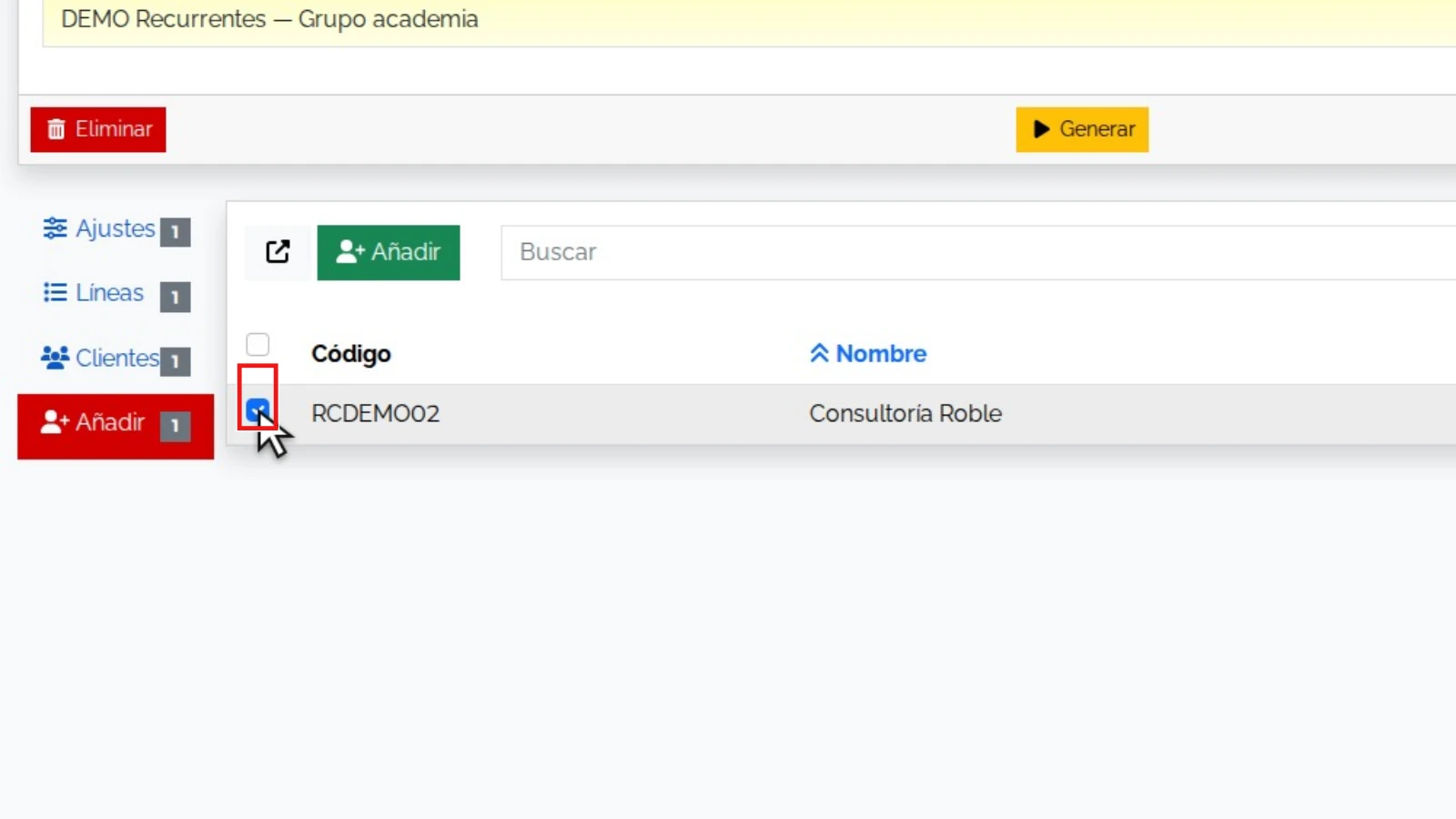 Añadir un cliente existente: zona relevante ampliada y resaltada en rojo