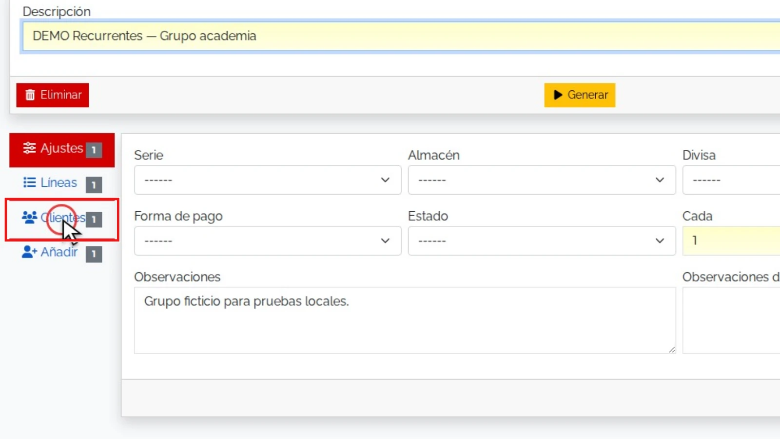 Revisar el calendario de un grupo: zona relevante ampliada y resaltada en rojo