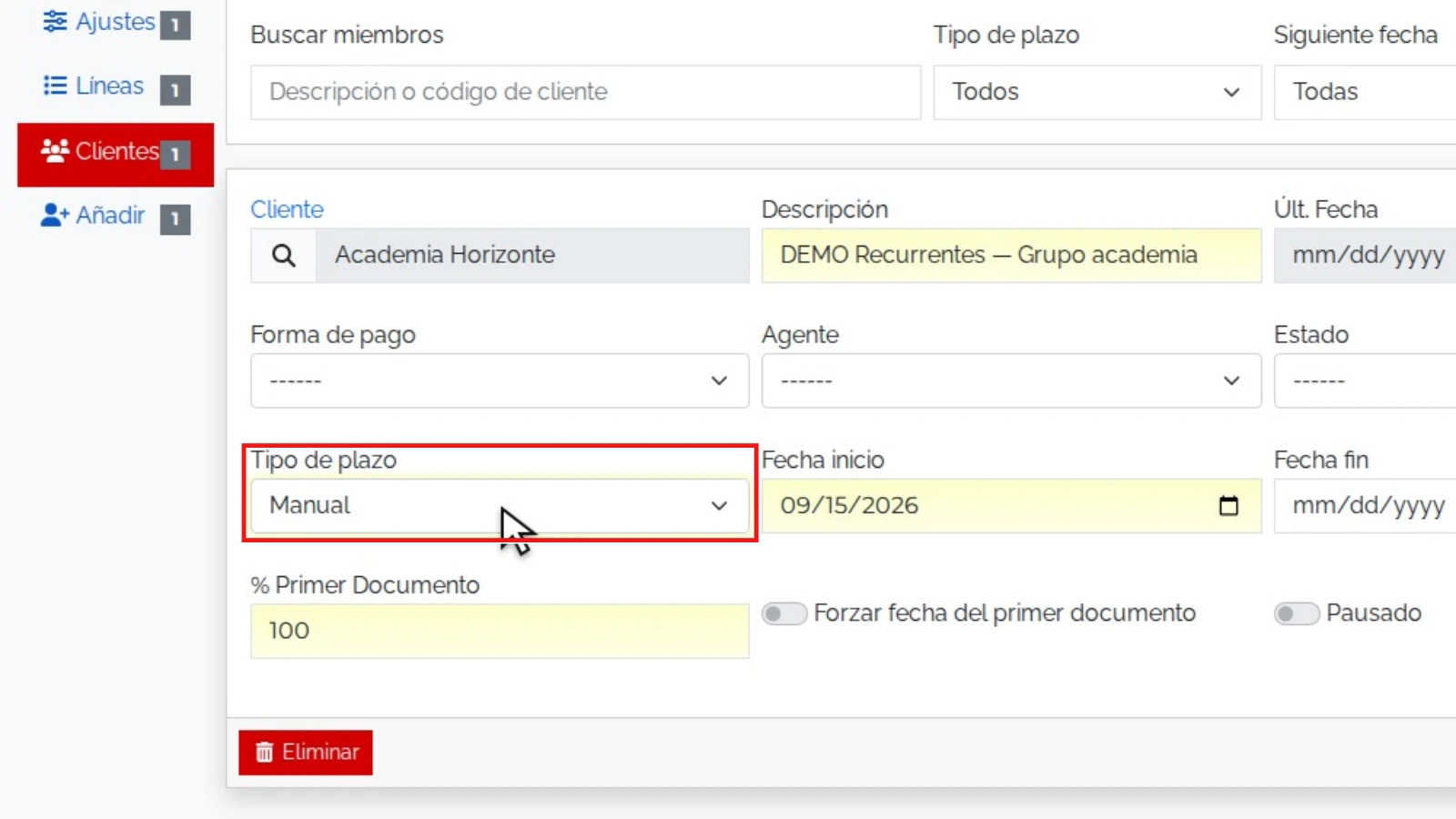 Ajustar la planificación: zona relevante ampliada y resaltada en rojo