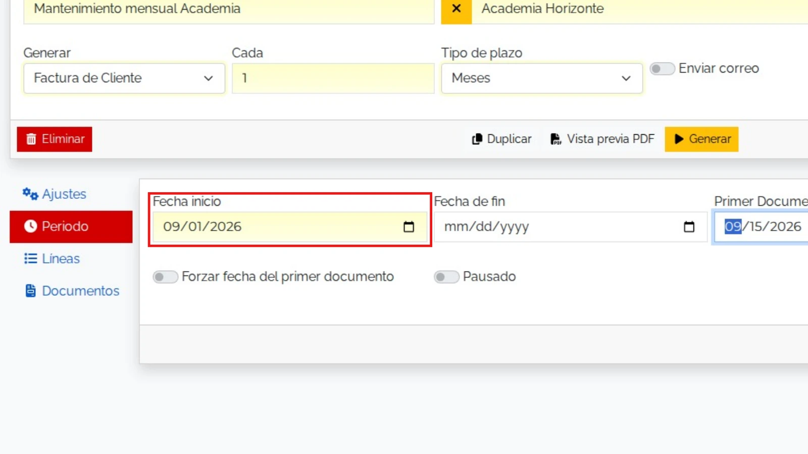 Preparar la primera fecha: zona relevante ampliada y resaltada en rojo