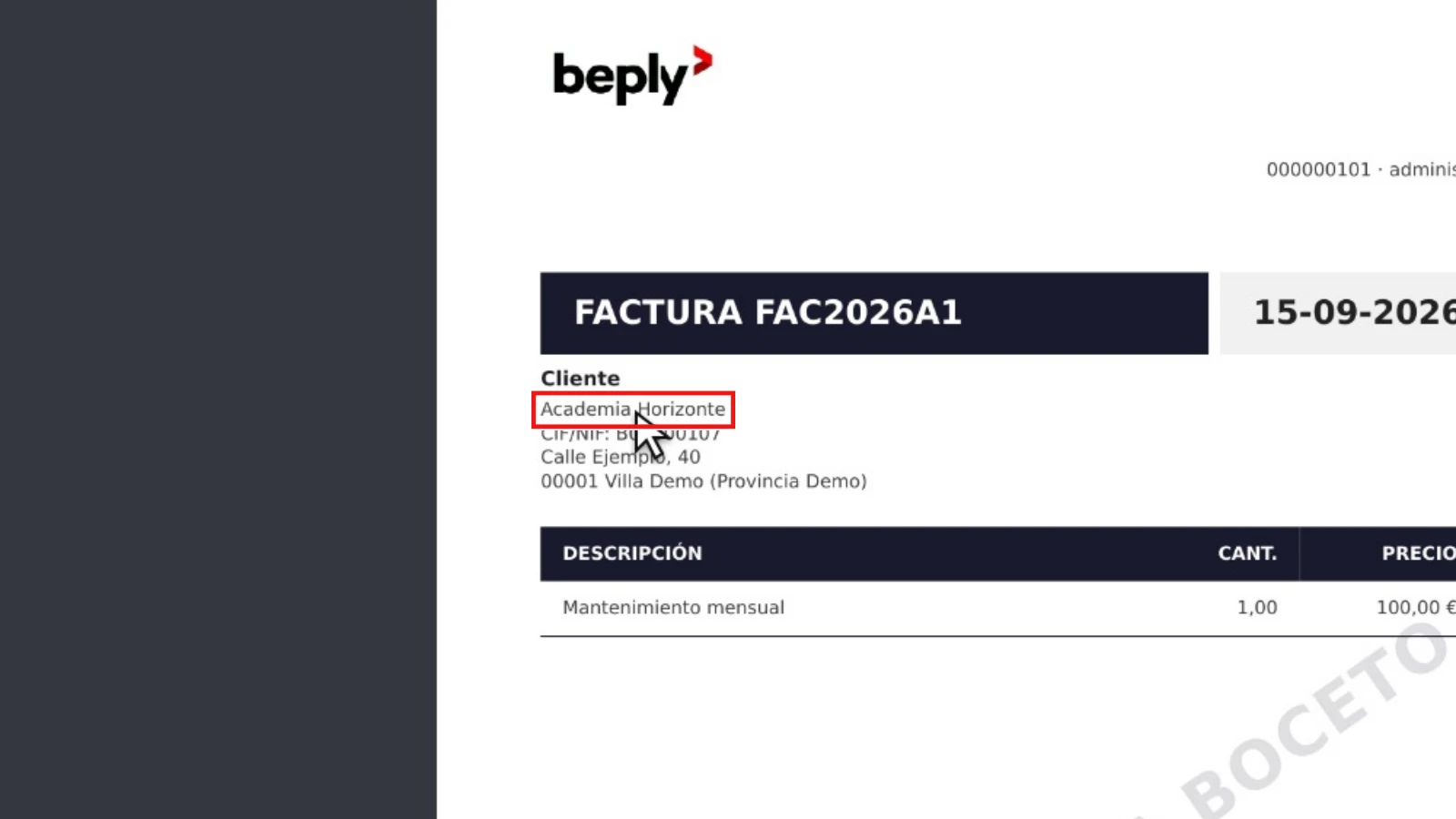 Comprobar la factura impresa: zona relevante ampliada y resaltada en rojo