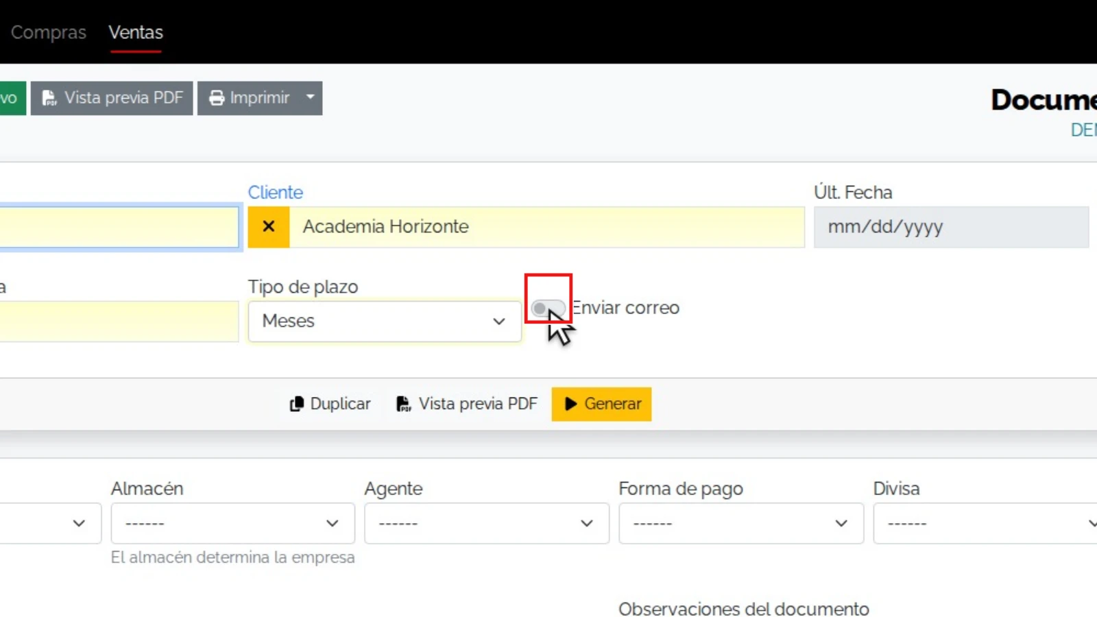 Correo e historial: zona relevante ampliada y resaltada en rojo