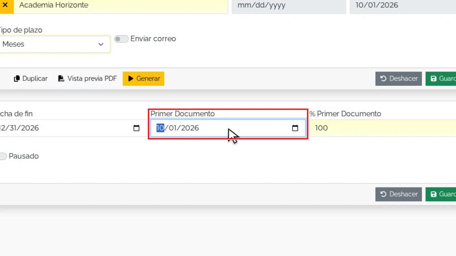 Configurar el calendario y la primera emisión: zona relevante ampliada y resaltada en rojo