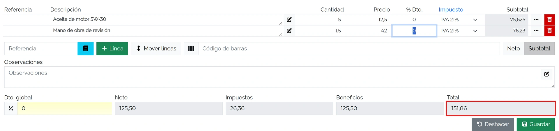 Mano de obra y total