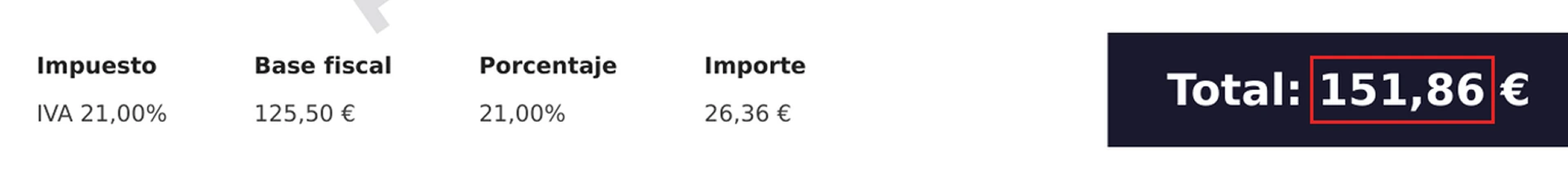 Impuestos y total final de 151,86 € en la segunda página