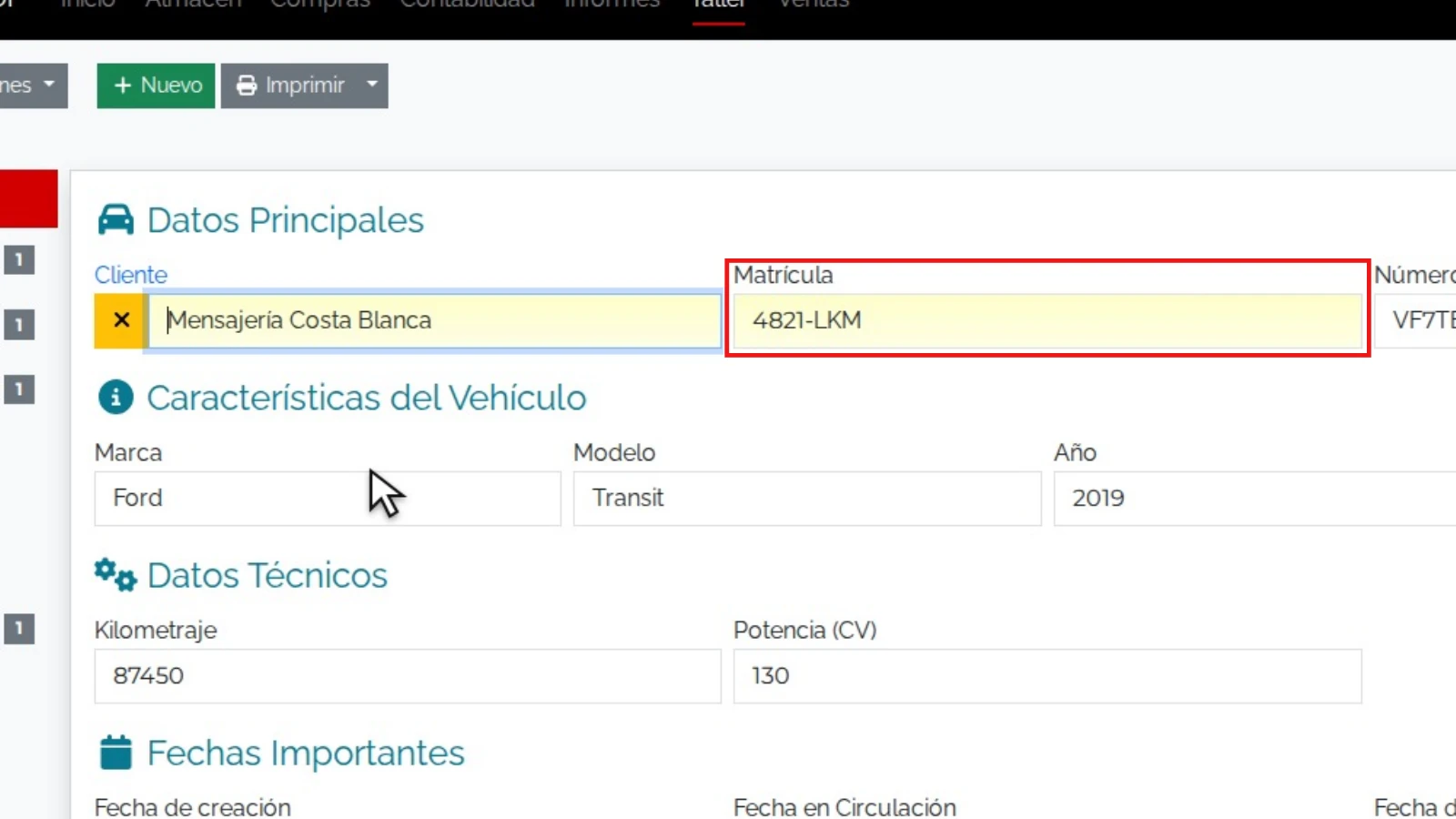 Registrar un aviso del cliente en el vehículo