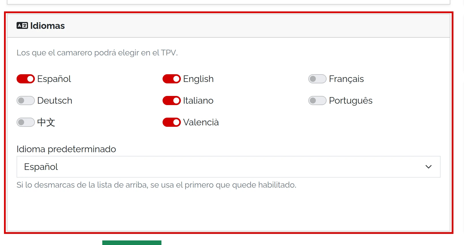 Ajustes guardados con «Registro actualizado correctamente» y el bloque Idiomas marcado: Español, English e Italiano activos; Français, Deutsch y Português desactivados. Valencià, también activo, queda justo debajo del encuadre