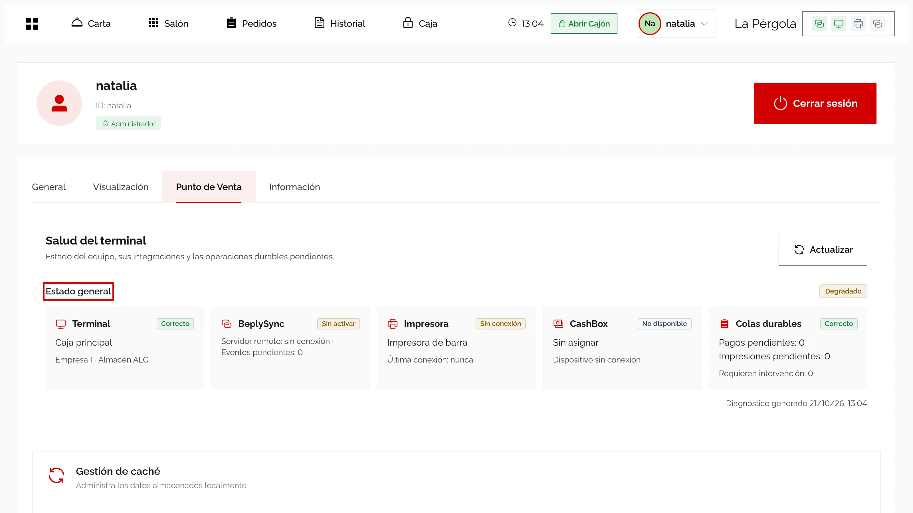 Salud del terminal: Terminal Caja principal correcto, BeplySync sin activar, Impresora de barra sin conexión y CashBox no disponible