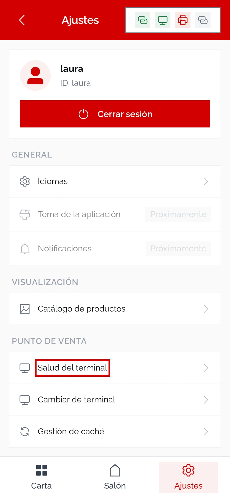 Ajustes del comandero móvil: usuario laura, Cerrar sesión, Idiomas, Tema de la aplicación y Notificaciones (Próximamente), Catálogo de productos, Salud del terminal marcado, Cambiar de terminal, Gestión de caché, Ayuda y Soporte y Acerca de