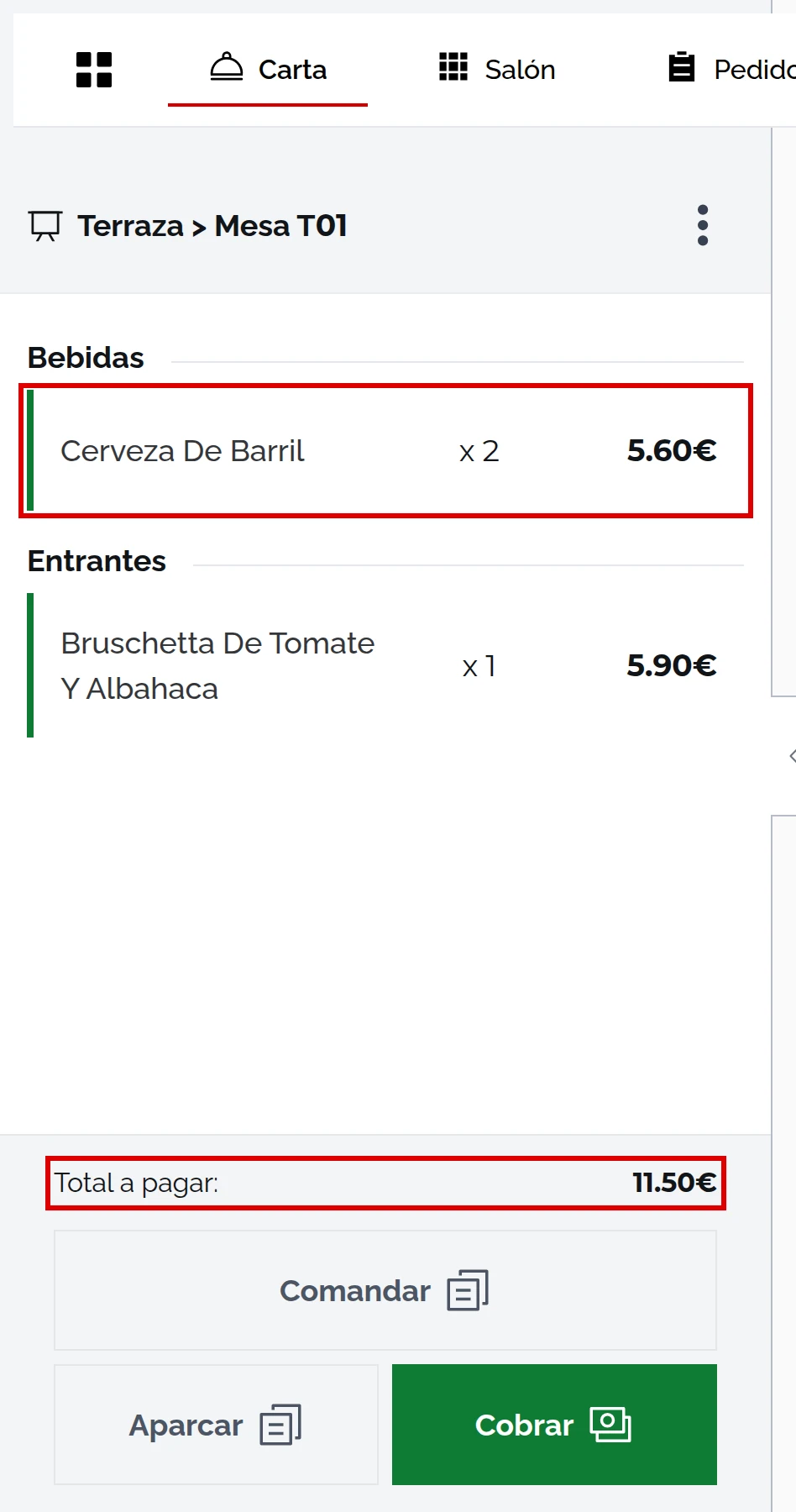 Comanda de la mesa T01 tras la anulación, con la línea Cerveza de barril marcada