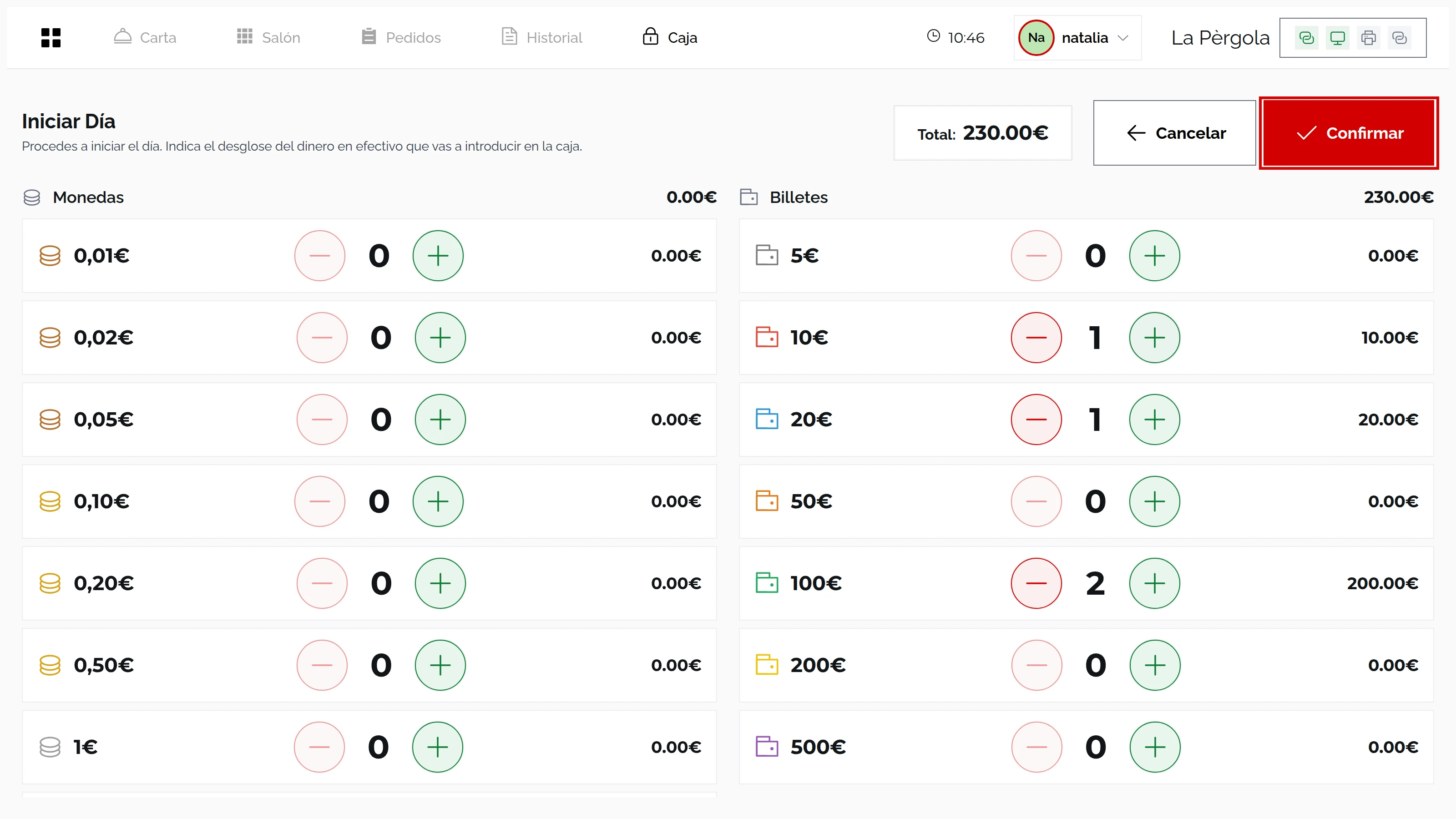 Pantalla Iniciar Día con 2 billetes de 100 €, 1 de 20 € y 1 de 10 €, total 230.00€ y el botón Confirmar marcado