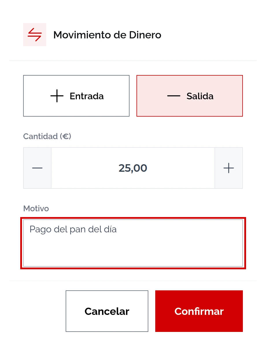Ventana Movimiento de Dinero con Salida elegida, 25,00 € y el motivo «Pago del pan del día» marcado