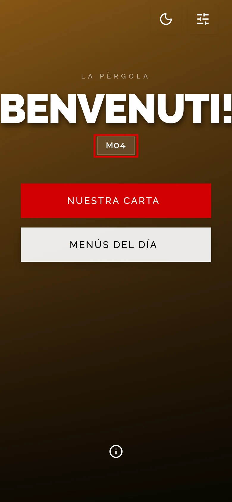 Portada de la carta en el móvil: «La Pèrgola», «BENVENUTI!» y la mesa M04 marcada, con los botones NUESTRA CARTA y MENÚS DEL DÍA