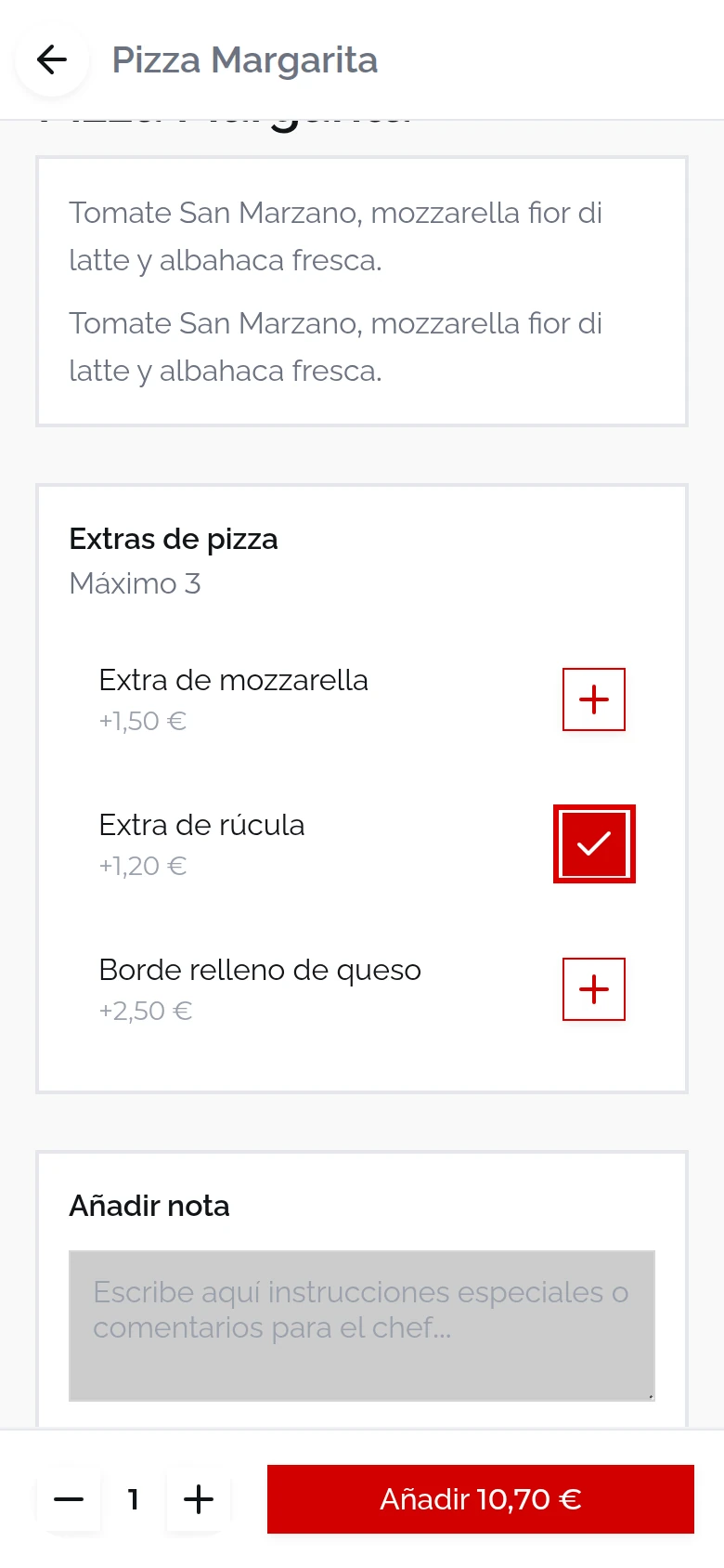 Ficha de la Pizza Margarita: 9,50 €, Gluten y Lácteos, y el grupo Extras de pizza marcado con «Máximo 3»