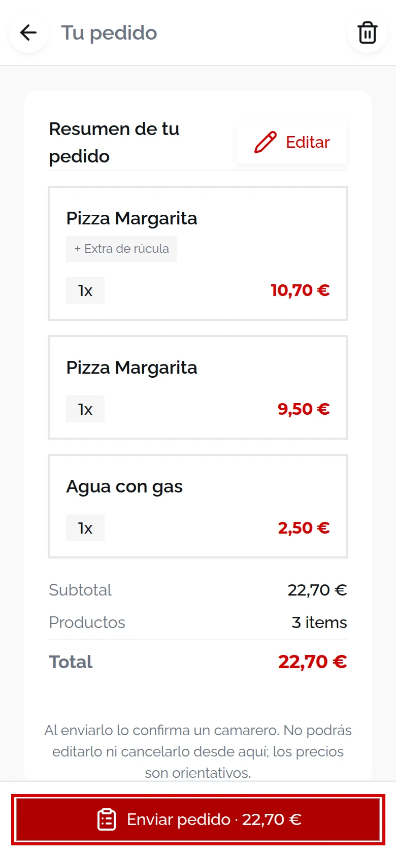Resumen del pedido de la mesa M04: tres productos, total 22,70 € y el botón Enviar pedido · 22,70 € marcado