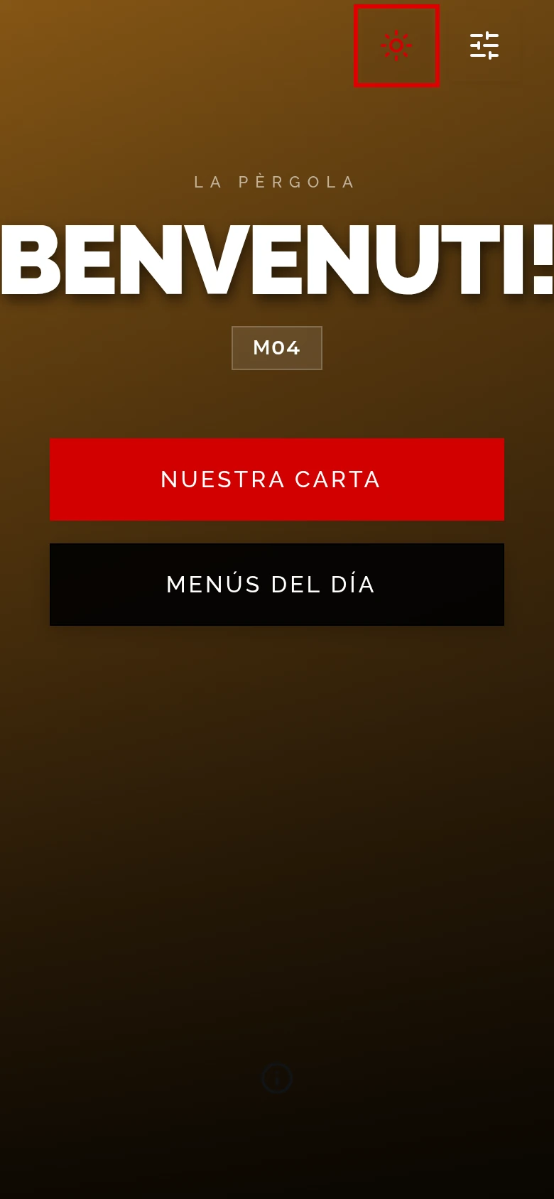 La carta en modo claro: botón del sol marcado en la cabecera, NUESTRA CARTA en rojo y MENÚS DEL DÍA en negro