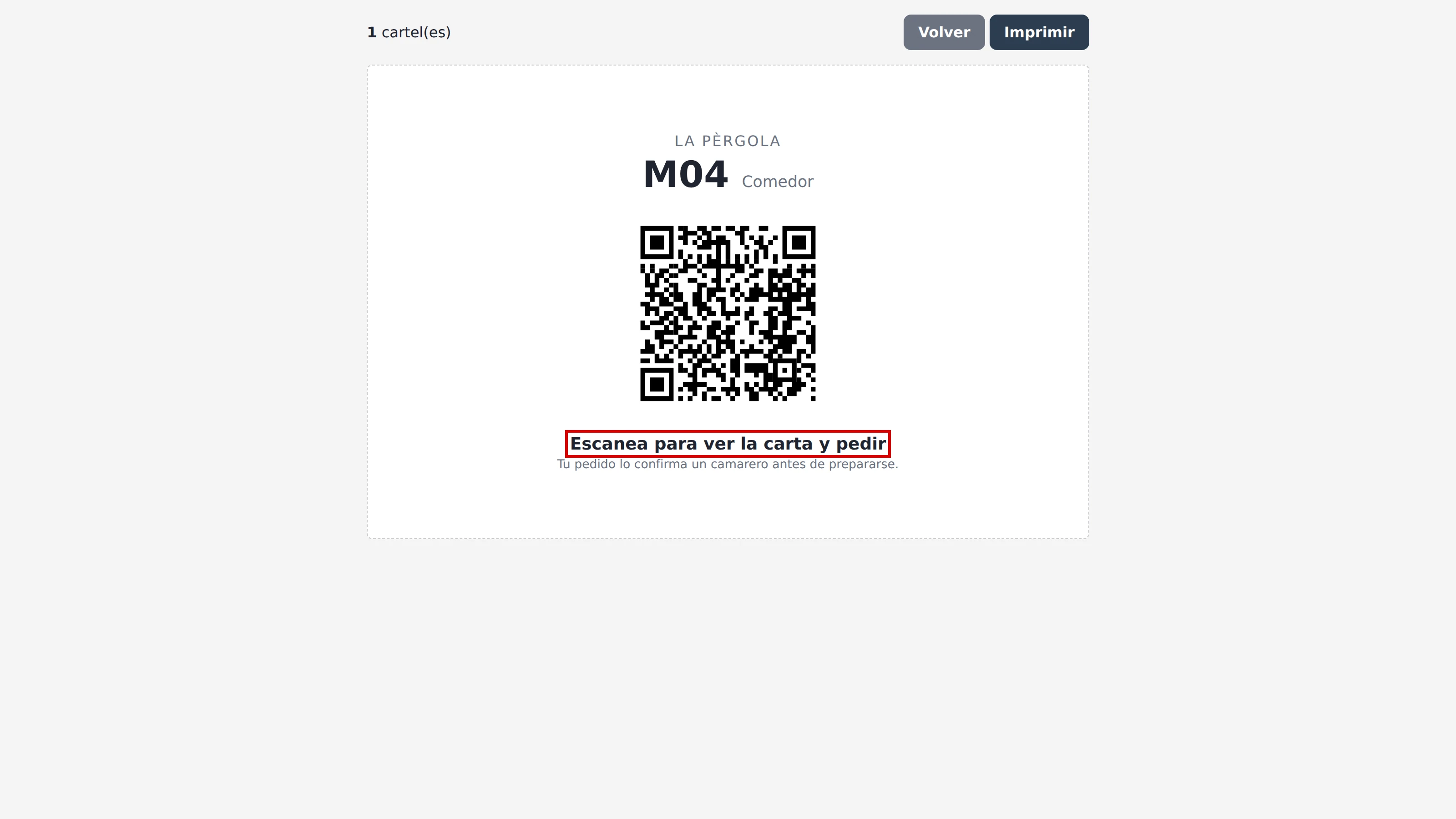 Cartel de la mesa M04 del Comedor con su QR y el texto «Escanea para ver la carta y pedir» marcado