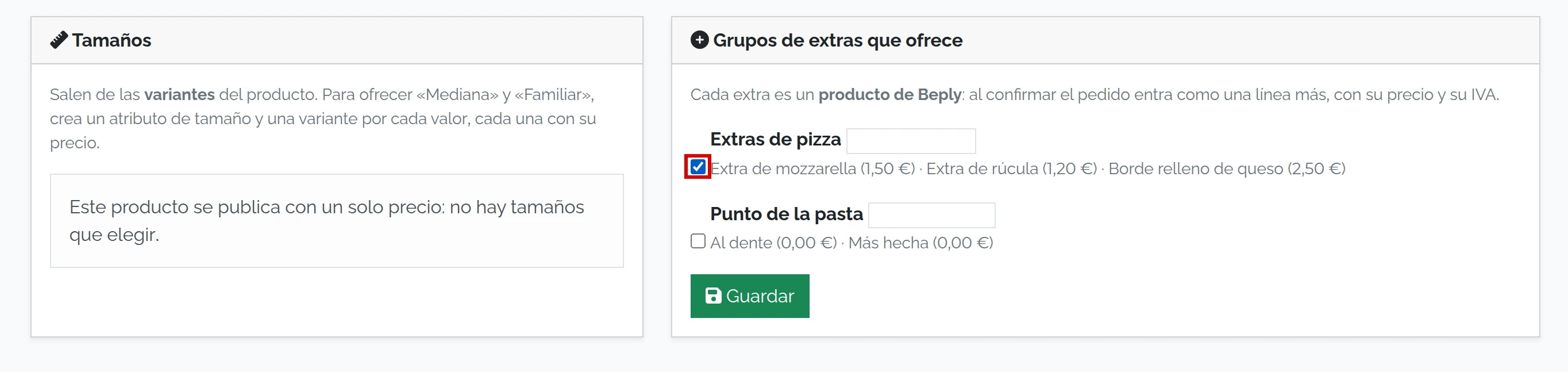 Pestaña Extras de la carta con el grupo Extras de pizza marcado; Tamaños indica que el producto se publica con un solo precio