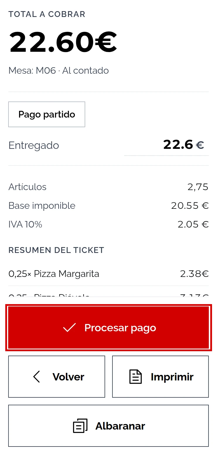 Cobro en efectivo del Ticket #1: total 22.60€ y entregado el importe exacto, con Procesar pago marcado
