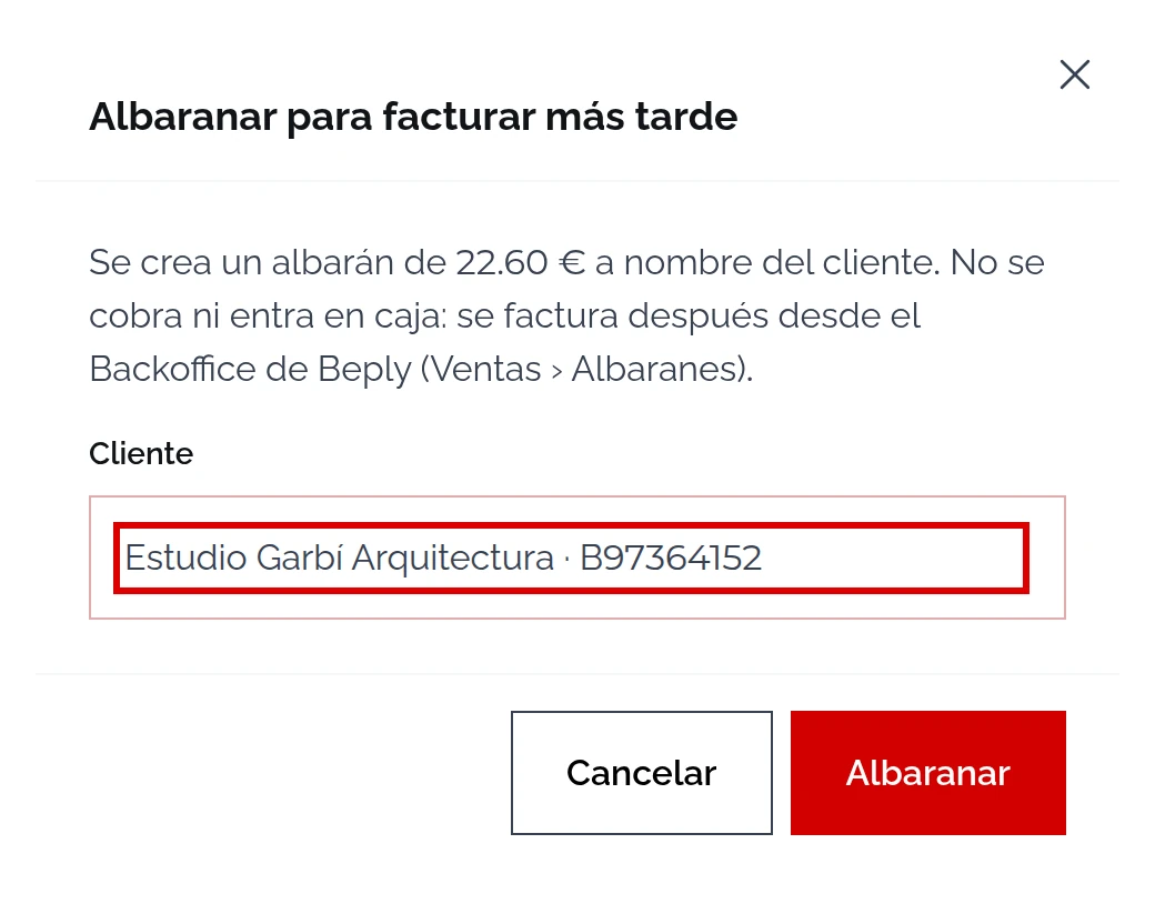 Ventana Albaranar para facturar más tarde: albarán de 22.60 € a nombre de Estudio Garbí Arquitectura · B97364152