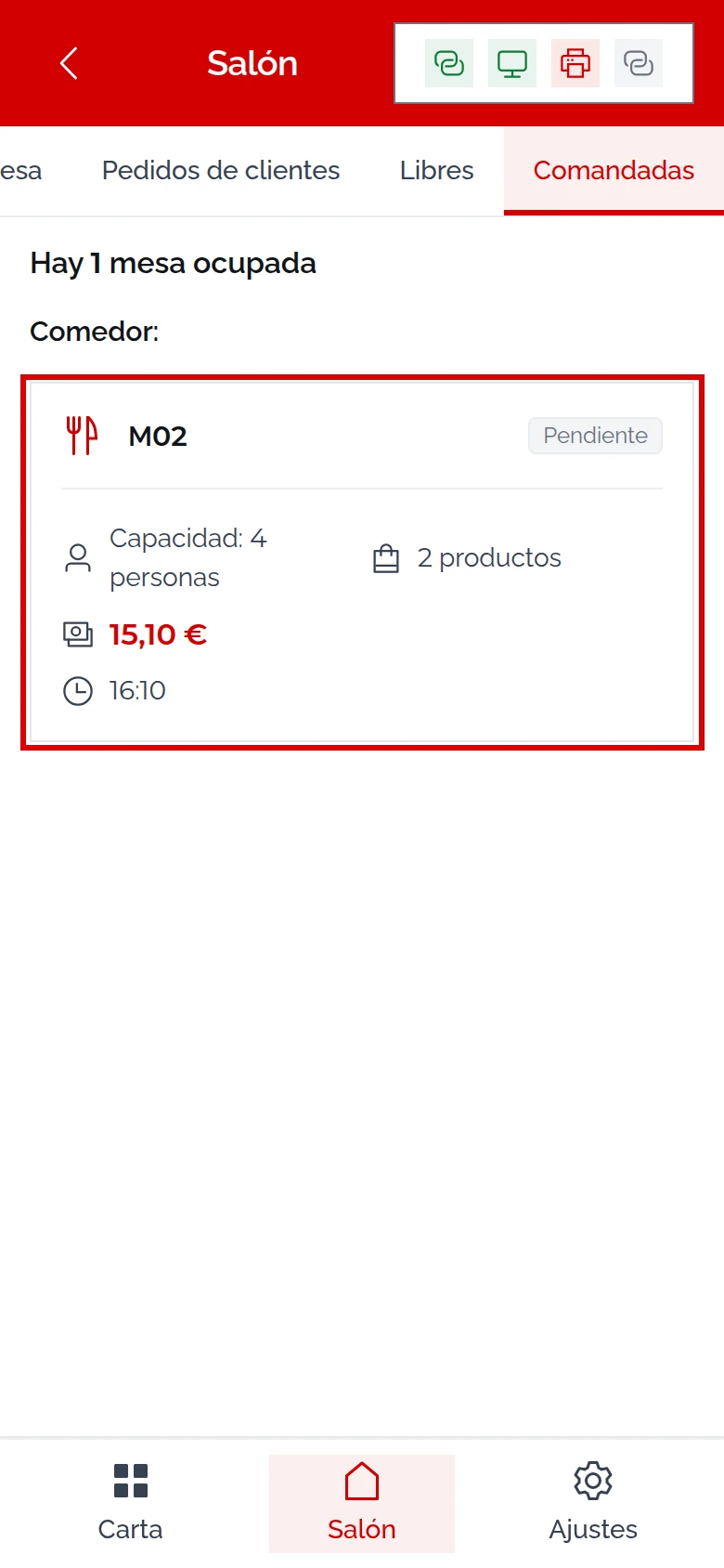 Pestaña Comandadas del comandero con la mesa M02 marcada: Pendiente, Capacidad 4 personas, 2 productos, 15,10 €