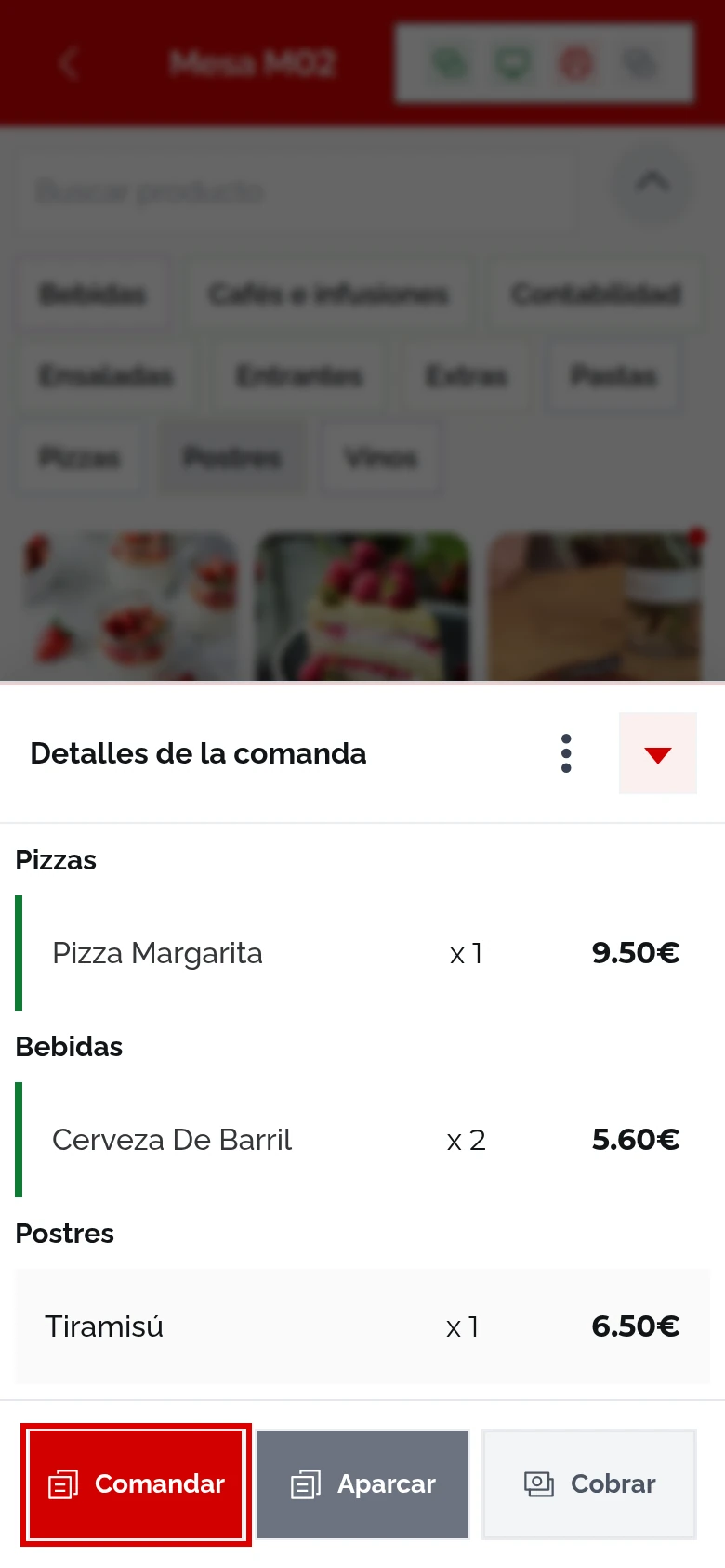 Detalles de la comanda de M02: Pizza Margarita x 1 9.50€ y Cerveza De Barril x 2 5.60€ ya comandadas, Tiramisú x 1 6.50€ nuevo, con Comandar marcado
