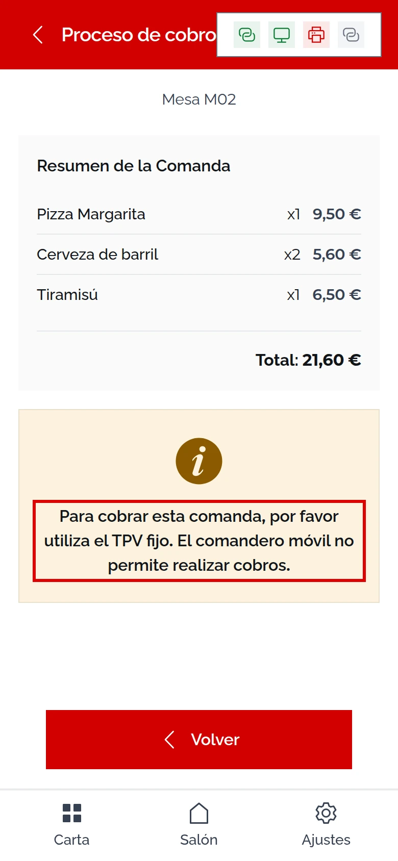 Proceso de cobro en el móvil: resumen de M02 con Total 21,60 € y el aviso «Para cobrar esta comanda, por favor utiliza el TPV fijo. El comandero móvil no permite realizar cobros.» marcado