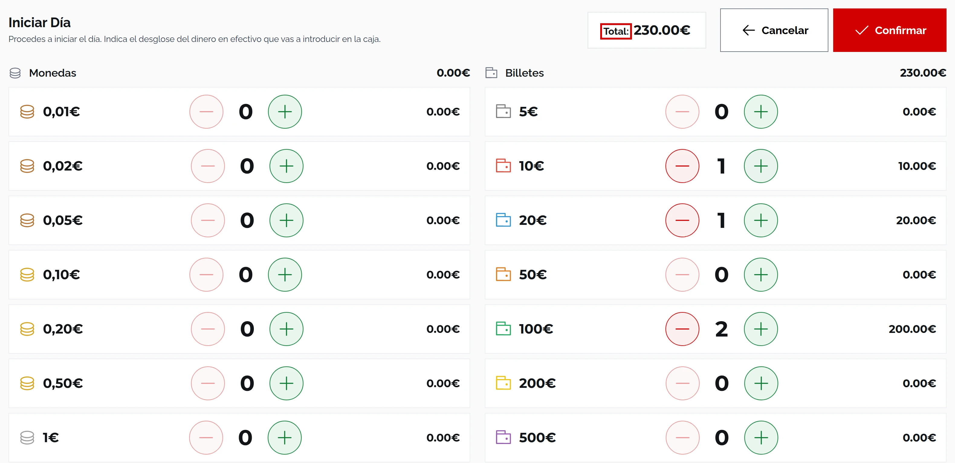 Pantalla Iniciar Día con 2 billetes de 100 €, 1 de 20 € y 1 de 10 €, y el total de 230.00€ marcado