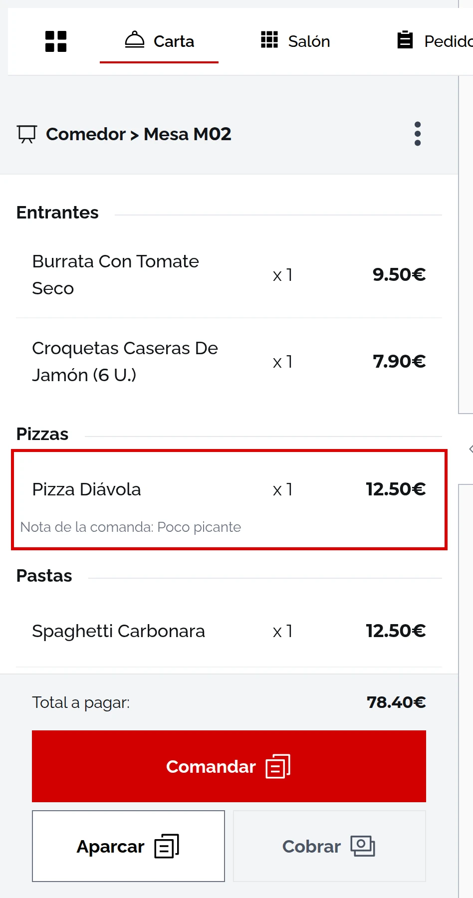 Comanda de la mesa M02 con la línea Pizza Diávola y su nota «Poco picante» marcada