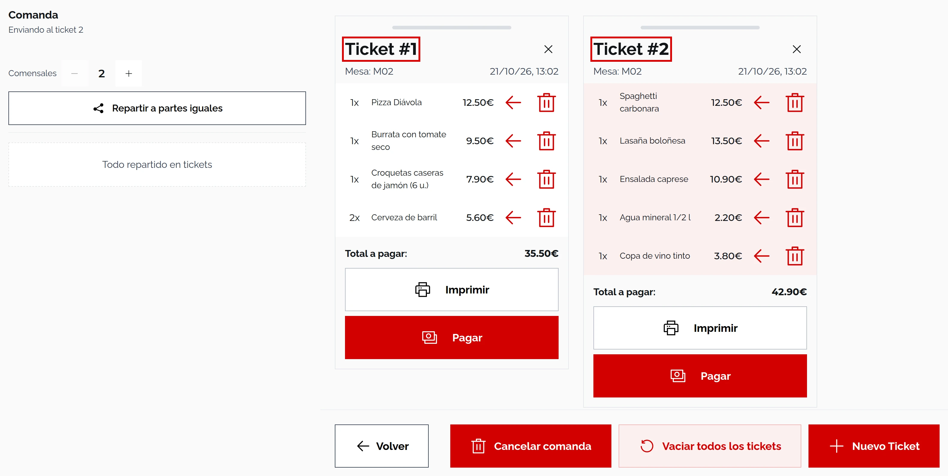 Cuenta de la mesa M02 repartida: Ticket #1 de 35.50€ y Ticket #2 de 42.90€, con «Todo repartido en tickets»
