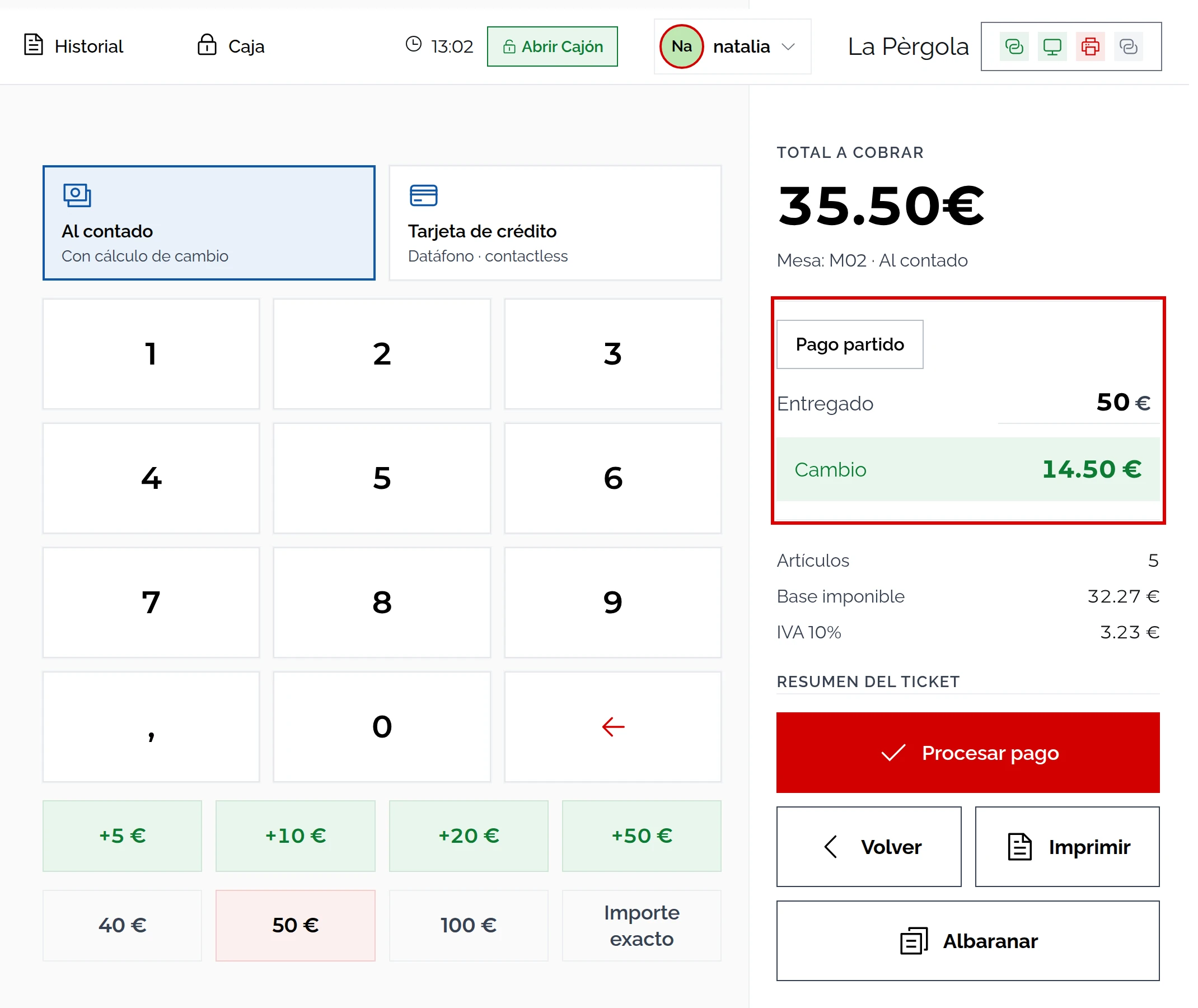 Cobro del Ticket #1: total 35.50€, entregado 50 € y cambio 14.50 €