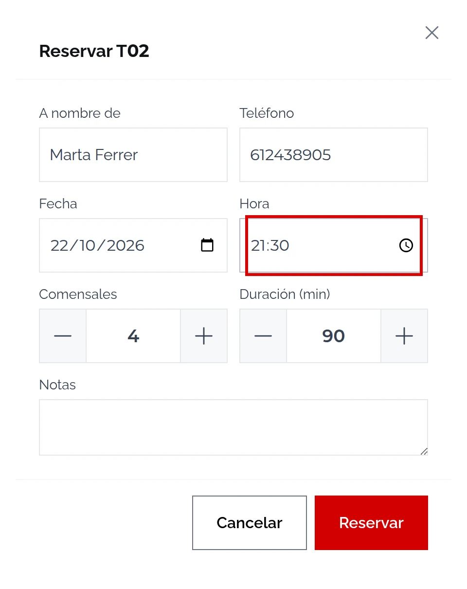 Ventana Reservar T02 con Marta Ferrer, 612438905, 22/10/2026, la hora 21:30 marcada, 4 comensales y 90 minutos