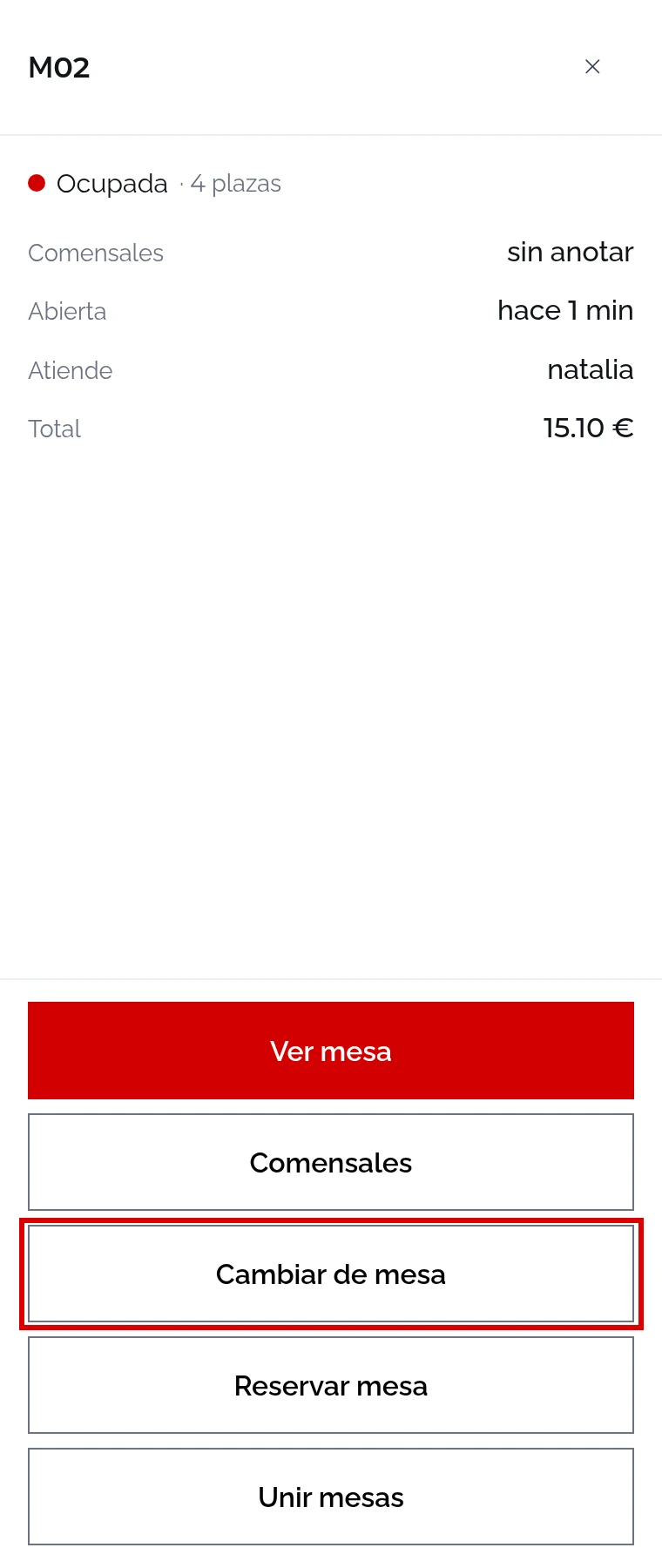 Panel de la mesa M02: Ocupada, atiende natalia, total 15.10 €, con el botón Cambiar de mesa marcado